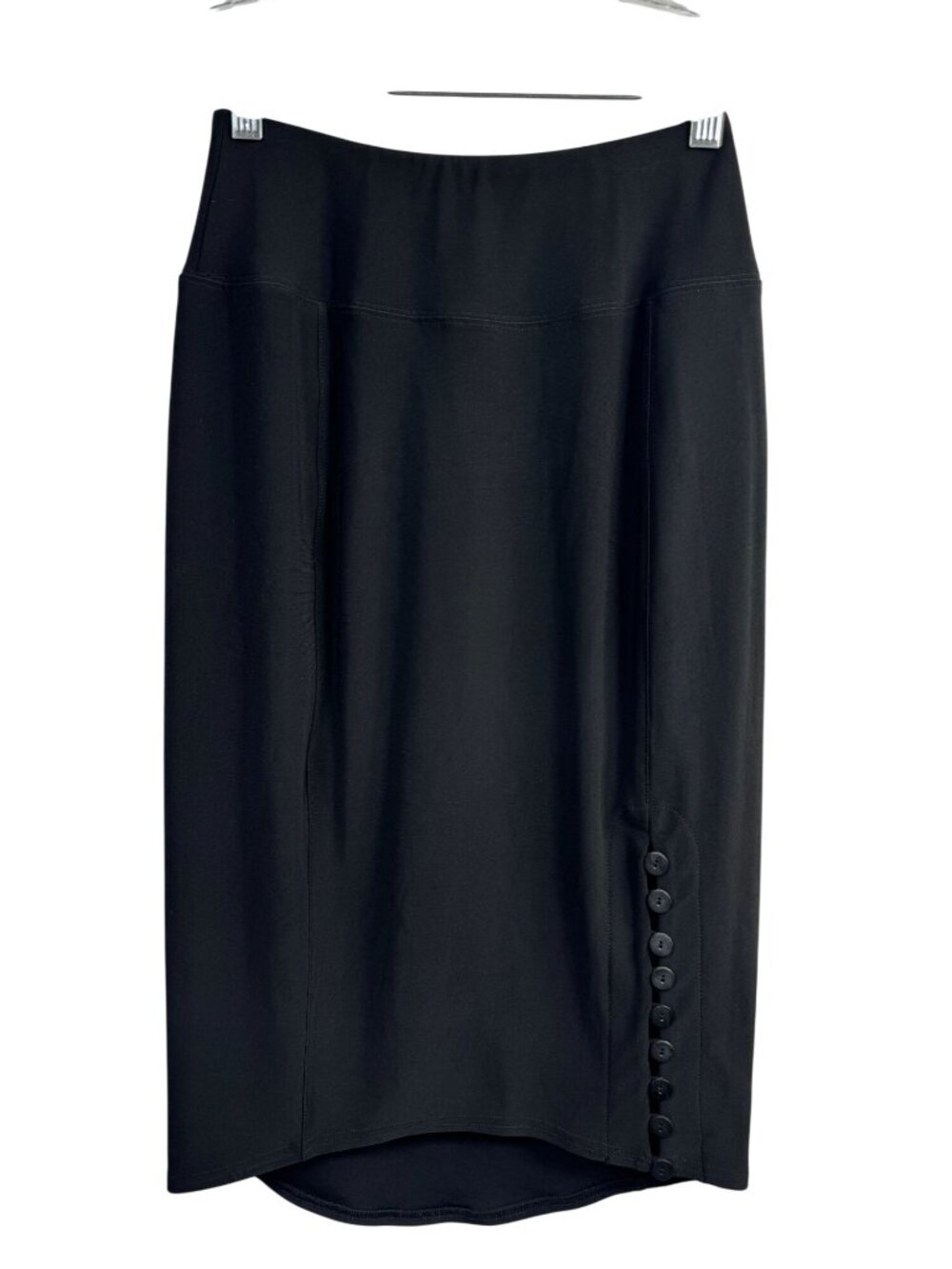 Sympli Black Midi Pencil Skirt Side Button Detail Stretchy Size 6 Liquid Knit